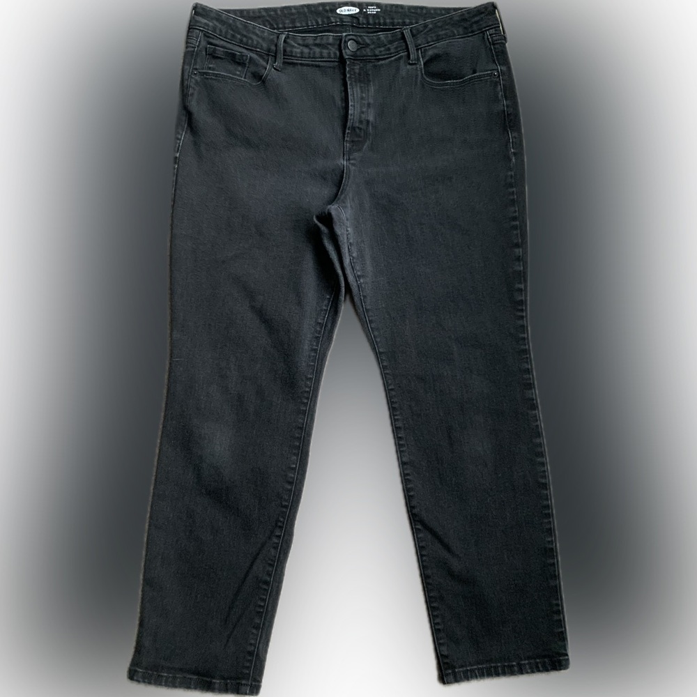 Old Navy mid rise power slim straight black jeans petite | 16 short